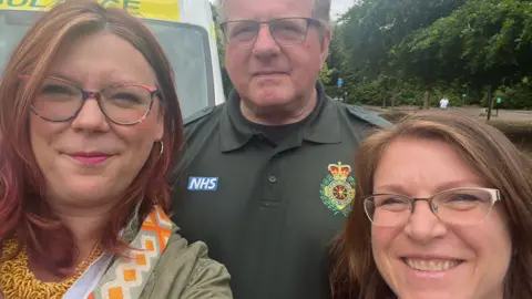 Louise Holmes and Victoria Rothwell with Richard from Yorkshire Ambulance Service