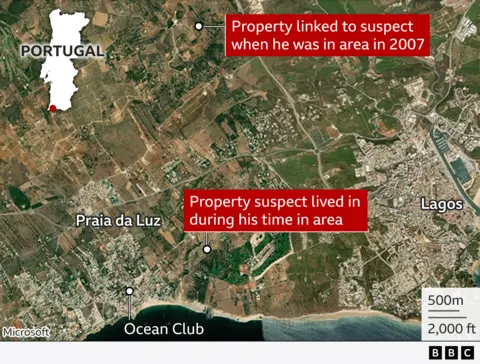 A map showing the Ocean Club in Praia da Luz and two properties linked to the suspect in the German investigation into the disappearance of Madeleine McCann.
