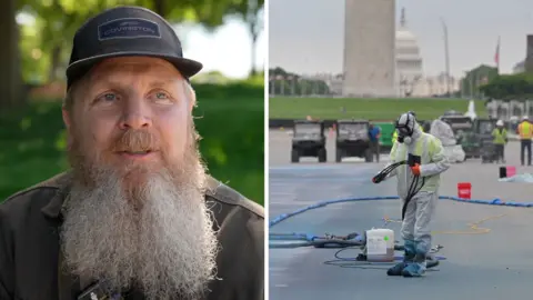 Left, a man with a beard and a baseball hat. Right, a decorator repaints the reflecting pool bottom.