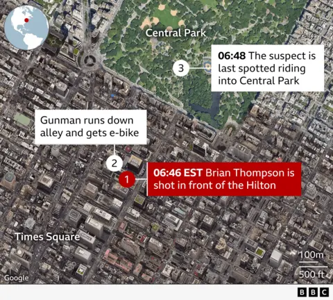 An annotated satellite image of New York shows three locations related to the fatal shooting of Brian Thompson: 1) The site at which Thompson was shot in front of the Hilton at 06:46 EST. 2) Slightly north-west of the first location, the site where the gunman ran down an alley and got an e-bike. 3) The location at 06:48 at which the suspect was last spotted riding into Central Park