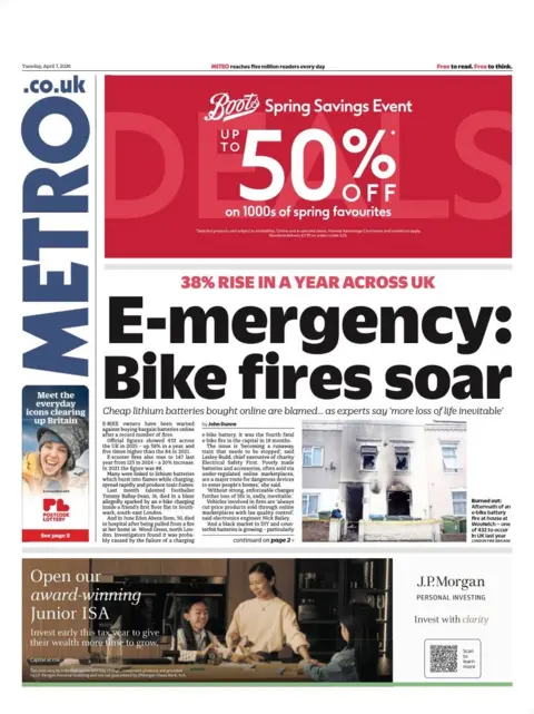 The headline on the front page of the Metro reads: "E-mergency: Bike fires soar".