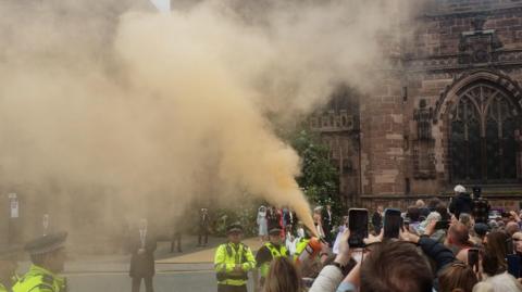 Smoke bomb protest outside the wedding of the  Duke of Westminster