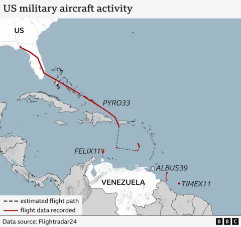 Map showing the flight paths of US military planes which flew near to the coast of Venezuela on 20 and 21 November