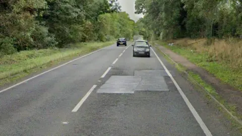 A fixed pothole in a road between Potterspury and Paulerspury, Northamptonshire