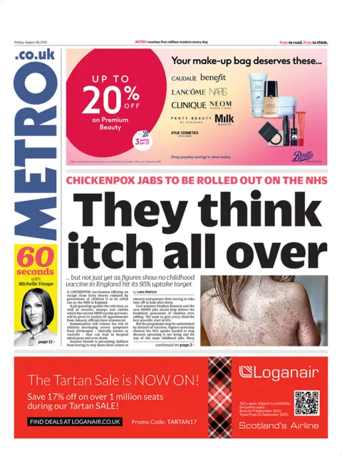 Metro front page. There's a picture of a child with a severe chickenpox rash and the headline "they think itch all over".