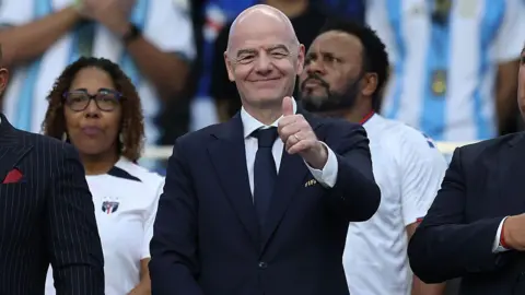 Fifa president Gianni Infantino gives a thumbs up during the FIFA World Cup 2026 Round Of 32 match between Argentina and Cape Verde