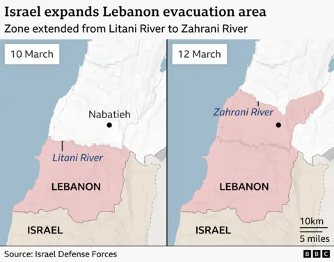 Alt text: A side‑by‑side map showing how Israel has expanded its Lebanon evacuation area from the Litani River to the Zahrani River. The left map, labelled 10 March, shows southern Lebanon shaded pink, extending north to the Litani River, which is marked in blue. The city of Nabatieh is shown with a black dot slightly north of the shaded zone. The right map, labelled 12 March, shows the expanded pink-shaded area reaching further north to the Zahrani River, also marked in blue. The city of Nabatieh is now in the shaded area. The source is Israel Defense Forces.