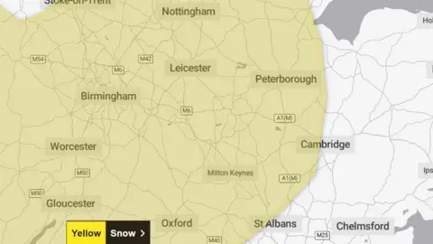 Met Office Part of a map shows places in the Midlands and East with a yellow colour indicating a warning for snow