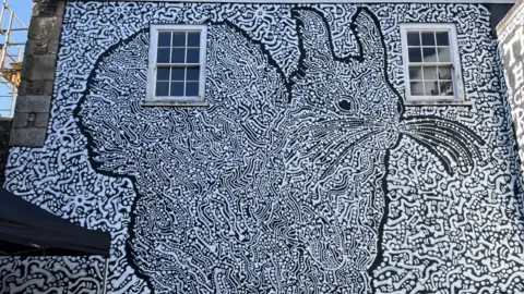 A mural of a red squirrel made of white painted bones drawn by artist Marc Craig on the exterior wall of a building in Redruth, Cornwall. Two white-framed sash windows are towards the top of the building, with one of the windows cutting into the mural.