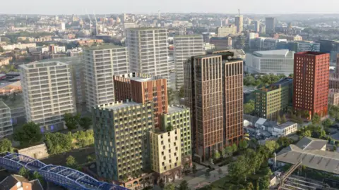 Numerous tower blocks are parallel and facing eachother on both sides of a river. A blue railway bridge is pictured, as well as Bristol's vast city scape in the background.
