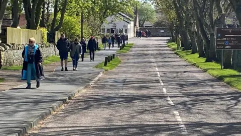 A street on Holy Island is deserted of cars but has lots of people walking up the pavement to the left. It looks like a typical village residential street, shaded by trees with a stone wall and some buildings and cottages in the distance. A brown directional road sign is partially in shot on the right hand side.