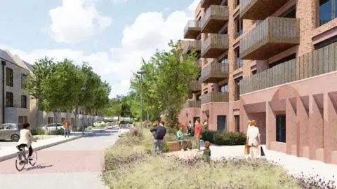 An artist's impression on a proposal to build 248 homes. There are people cycling and walking along a residential area.