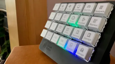 The image shows a small, angled control panel with several rows of square buttons. Each button has an icon and label indicating a household function.