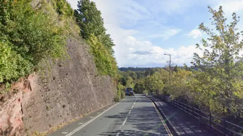 A long road with a large brick wall on the left, covered in green vegetation and trees. On the right is a black railing and green trees and bushes.