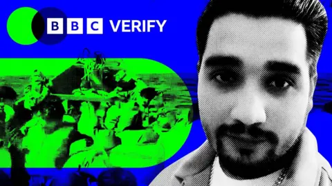 An image of Fadi Gujjar imposed over the BBC colours and branding. He is wearing a jacket and chain and is staring at the camera. Alongside him is a screengrab of a boat carrying migrants on the open sea. 