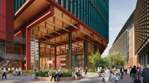 SMBL An artist's impression of the frontage for the extended space, featuring an illuminated vertical white sign for the British Library, beneath exposed beams and pillars at the entrance to the building. Wide open paved space with planting and seating can also be seen in the foreground