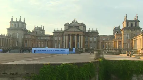 BBC  A general view of Blenheim Palace, with a banner saying "European Political Community"