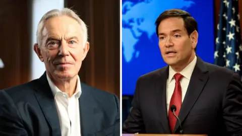 Sir Tony Blair is pictured in a composite image with US Secretary of State Marco Rubio.