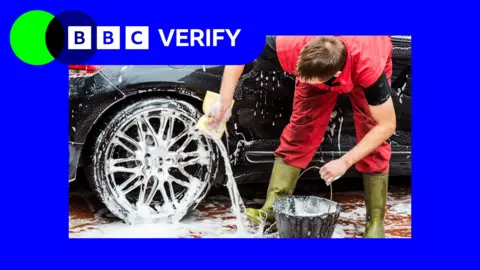 A man in a red uniform washes a car inside a BBC Verfiy blue frame