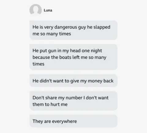 Screenshot of text messages from migrant called Luna describing experiences of abuse and threats. Messages mention being slapped multiple times, having a gun held to her head, being denied a refund, and expressing fear of being harmed. Luna asks not to have her number shared, stating 'They are everywhere.