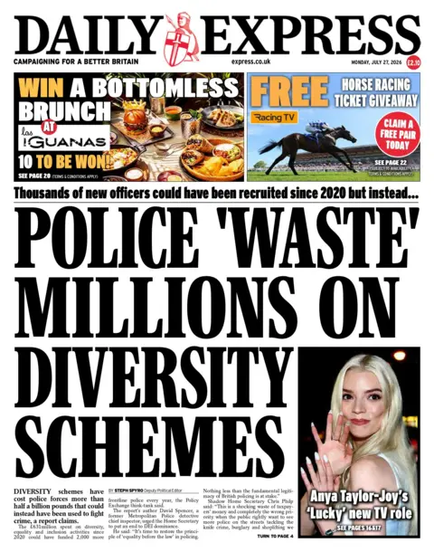 "Police 'waste' millions on diversity schemes," reads the headline on the front page of the Daily Express. 