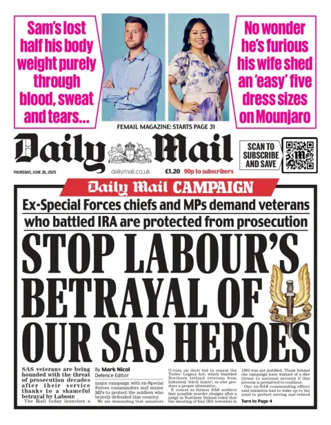 "Stop Labour's betrayal of our SAS heroes" reads the headline on the front page of the Daily Mail.