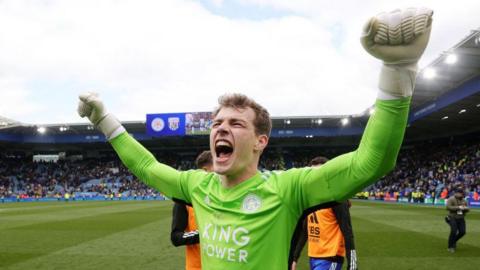 Leicester City goalkeeper Mads Hermansen celebrates