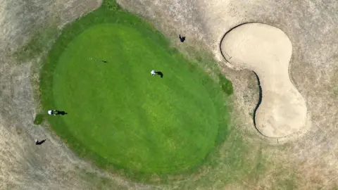 An aerial photo circular area of green grass on a golf course surrounded by grass that the heat has yellowed. Two players and their golf bags are visible. 