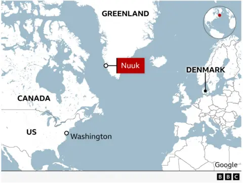 A map depicting the location of Greenland's capital Nuuk, Washington and Denmark