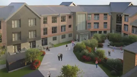 An artist's impression of the planned care home. It has three storeys and is made of brick and black boarding. It looks onto a courtyard which people are walking across and where there are grassy areas with red flowering shrubs. 