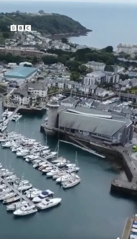 An aerial view of a harbour. There are boats and buildings.