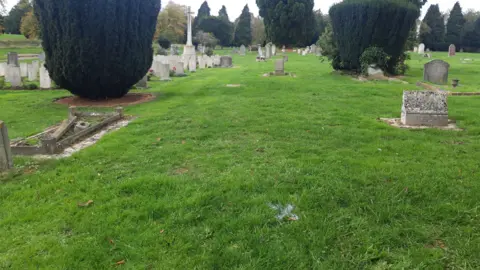 Paul James Image shows Tredworth Cemetery. There is a white X on the spot where Bill's ashes have been scattered. There are rows of gravestones and hedges in the background.