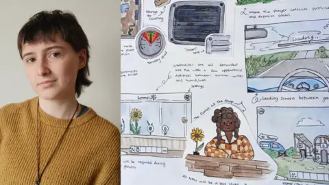 Bafta A collage of Rowan, who has short dark hair and is wearing a brown jumper, and a screenshot from her game Sprouts and Seedlings. The screenshot shows a drawn character with a flower next to her, drawn sheds and the inside of a car.