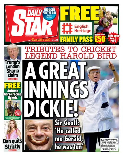"A great innings Dickie!" reads the headline on the front page of the Daily Star.