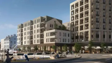 Wyyttavin An CGI image of the development, which is a tall beige building with glass frontage on the ground floor.