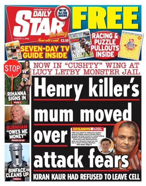 The headline on the front page of the Daily Star reads: "Henry killer's mum moved over attack fears."
