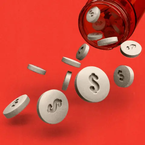 BBC Pills stamped with the dollar sign tumble out of a bottle, set against a red background