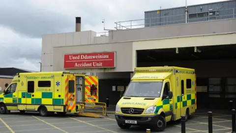 Getty Images Ambulances outside Ysbyty Gwyendd