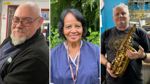 Three side-by-side images. On the left, an older man with grey hair, a grey beard and glasses smiles. He wears a black jumper and blue apron. In the middle, an older woman with short black hair smiles. She wears hospital scrubs. On the right, an older man with short grey hair and a black graphic t-shirt holds a saxaphone.