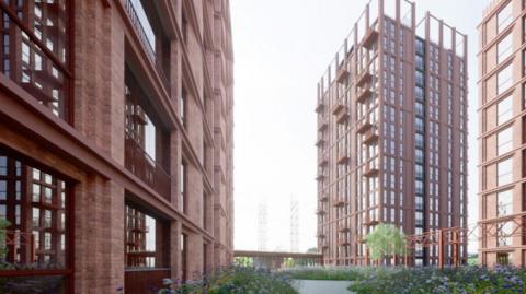 A CGI image of two highrise blocks of flats, built out of brick and orange metal with greenery at the bottom