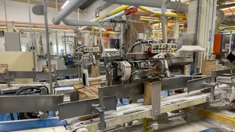 Health and Safety Executive A complex piece of metallic machinery. There appears to be a conveyor in the foreground, above which is a motor. There are yellow and grey pipes towards the top. Various grey guard rails are visible.