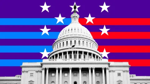 BBC Graphic showing US Congress in front of red and blue stripes and a purple background with white stars