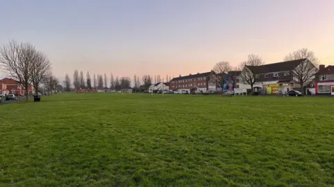A large public green space surrounded by houses, flats and some shops and businesses in a deprived area of Gloucester. The sky is a wintry sunset and the trees are bare.