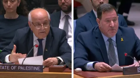 Riyad Mansour (left) Permanent Observer of Palestine to the UN, and Jonathan Miller, Deputy Permanent Representative for Israel to the UN