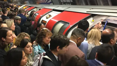 Crowds at Euston station getting onto a busy tube train