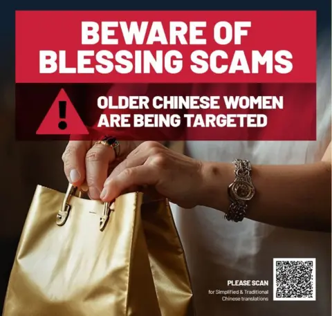 New South Wales Authorities An Australian police poster featuring the hands of a Chinese woman with rings and a bracelet is clasping her golden handbag closed, with the words: ‘beware of blessing scams’ emblazoned across it.