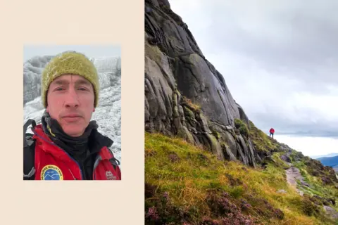 BBC/ Getty Images Martin McMullan on the left and on the right is an image of a man walking in the Mourne mountains in Northern Ireland
