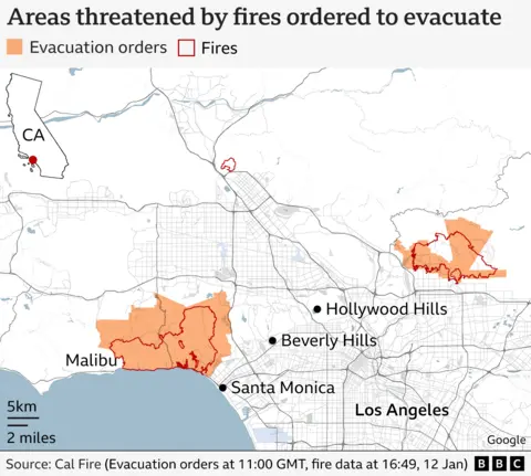 Map showing the areas in and near Los Angeles which have been evacuated because of the fires 