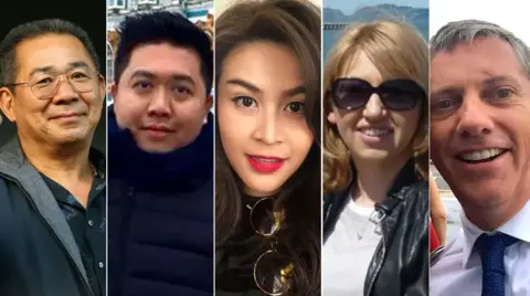 From left: Vichai Srivaddhanaprabha, Kaveporn Punpare, Nusara Suknamai, Izabela Roza Lechowicz and Eric Swaffer were killed in the crash