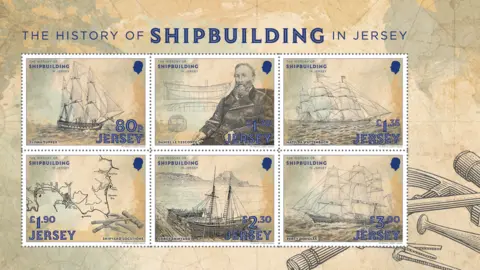 Jersey Post A picture of six stamps designed. Each stamp has drawn like designs with a number of them featuring boats. In the background it is a beige colour with tools.